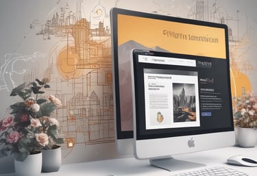 A sleek futuristic web design interface glowing with neon blue and cyan highlights on a dark background.