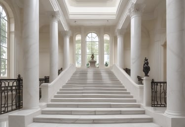Craftsman carefully carving marble slab in a workshop filled with stone tools.