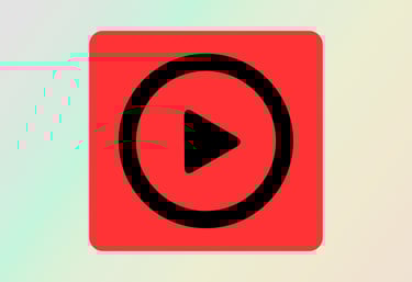 Red square with a black circle and play button symbol, indicating video playback or multimedia content.