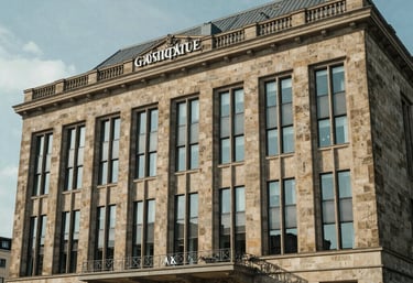 Photography of a modern architectural facade of a German city hall during the day. The building is made of sandstone and glass, symbolizing the bridge between tradition and digital innovation.
