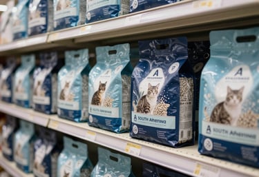 A clean and organized retail store shelf in South America / Peru showing premium cat litter packaging. The design is modern, featuring navy blue and ice white colors.