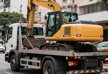 Tow truck arriving at night on a busy São Paulo street with city lights.