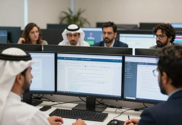 A focused team analyzing digital marketing data on multiple screens in a modern office.