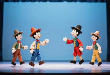 Bright and colorful theatrical puppets or a stylized stage set for children's theater. Professional lighting, vibrant but elegant using light blue #80A6C7 and white. No text.