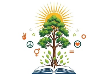 Tree of knowledge growing from a book with sun and social justice symbols for peace and equality.