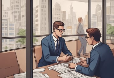 Close-up of hands reviewing loan documents and insurance policies over a blue-themed desk.