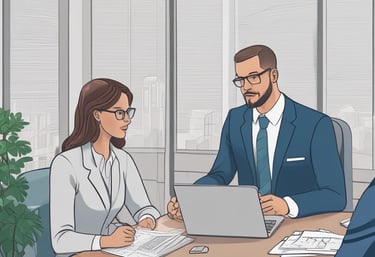 A professional consultant discussing financial options with a client in a bright modern office.