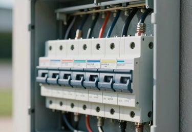 A close-up of a neatly installed electrical breaker box in a modern US residential garage, showing tidy wiring and clear labeling, bright natural lighting.