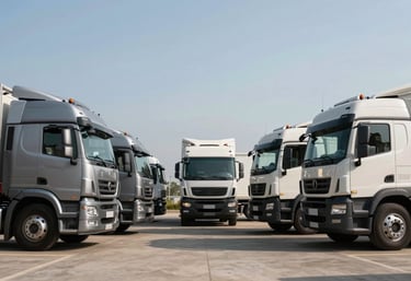 A wide shot of several clean vehicle transport trucks lined up symmetrically. The modern design of the trucks is highlighted by steel grey and soft off-white accents under a clear, bright sky.
