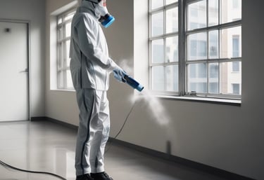 Close-up of cleaning supplies and equipment arranged neatly on a white surface.