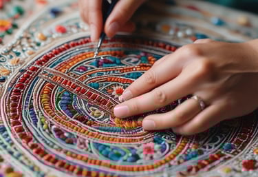 Close-up of hands stitching intricate embroidery on a vibrant Indian saree fabric.