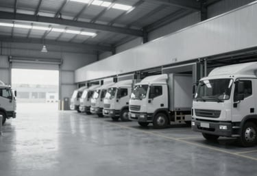 Clean, organized interior of a transport warehouse with trucks ready at the loading docks, showcasing order and high capacity in #F0F4F7 grey tones.