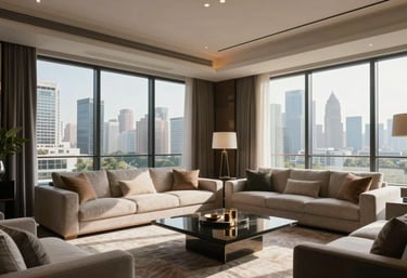 Interior of a contemporary Indian living room in a luxury high-rise, with sunlight streaming through large windows overlooking a city skyline.