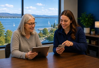 Burlington tech support expert helping customer with smartphone and tablet device care