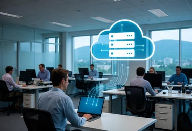 Business professional in Burlington VT office backing up business data to the cloud for fast recovery from data loss