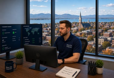 Technician performing 24/7 monitoring and managed IT services for Burlington businesses