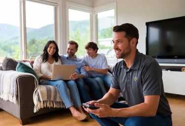 Friendly Burlington tech support technician helping a Vermont family with home technology in their living room