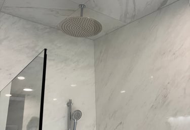 Modern walk-in shower featuring 5' x 10' pocelain slabs and a luxury chrome rain shower head.