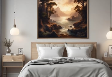 Paveikslai miegamojo interjerui virš lovos moderniame kambaryje
