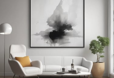 Minimalistiniai paveikslai interjerui virš sofos modernioje svetainėje