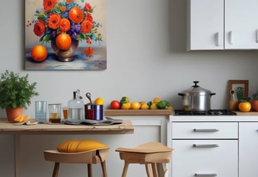 Paveikslai virtuvės interjerui ant sienos modernioje virtuvėje