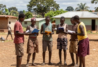 A group of Malagasy villagers smiling warmly during a community meeting outdoors.