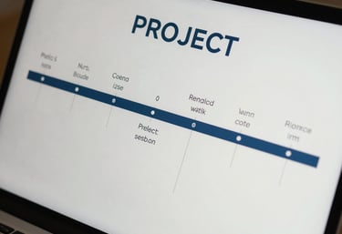 A top-down view of a project roadmap on a screen, with clean typography and minimalist timelines in blue and off-white.