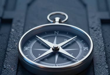 A sharp, clear image of a stylized metal compass pointing forward, set against a dark architectural background in #1B263B, symbolizing strategic direction and growth.