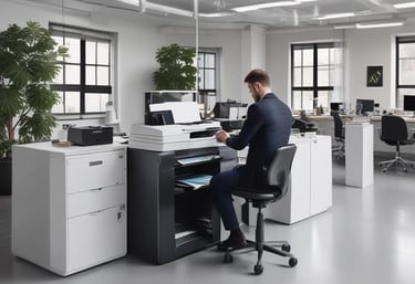 A sleek, modern laser printer set against a backdrop of natural wood and soft green plants.