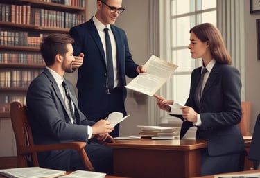 Professional lawyers discussing legal documents in a modern office setting.