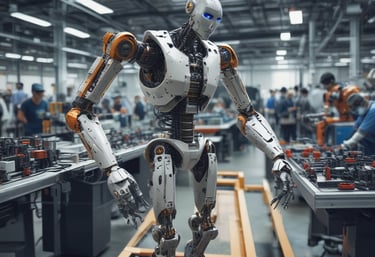 A team of engineers collaborating over industrial machinery blueprints in a modern office.