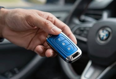 A person's hand holding a modern car key with a steel blue fob, symbolizing the ease and speed of starting a new job.