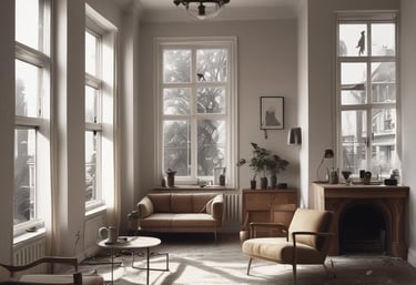 Modern renovated living room with warm lighting and stylish furniture.