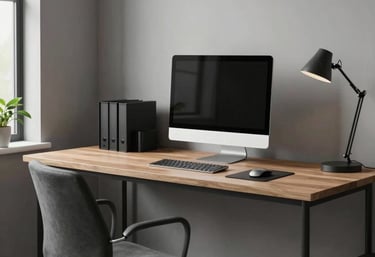 A clean, organized home office in a North American residence, subtle integration of technology and professional design, efficient and modern aesthetic.