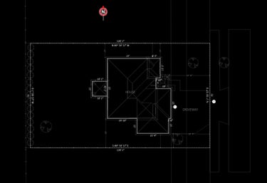Architectural site plan diagram showing house layout, driveway, and property dimensions on a black background.
