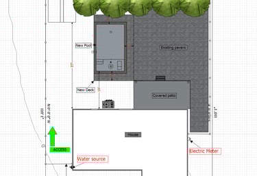 Top-down landscape design plan showing a new pool, deck, and covered patio layout for a residential backyard.