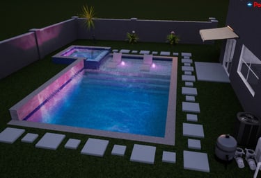Modern backyard swimming pool with integrated spa, waterfall feature, and purple LED lighting at night.