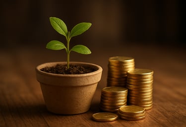 A close-up of a small green plant growing out of a ceramic pot on a wooden table, with gold coins nearby, symbolizing financial growth.