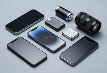 A collection of high-quality smartphone screens and batteries organized neatly on a light blue-grey background, representing premium inventory.