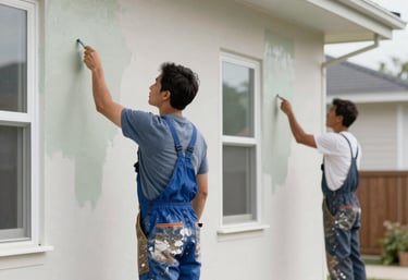 A cheerful painter in overalls happily adding bright colors to a Melbourne home's exterior wall.