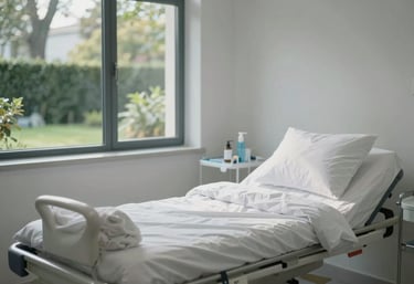 A serene and modern patient recovery room in a Western European clinic, featuring soft natural light, clean white bedding, and views of a quiet garden.