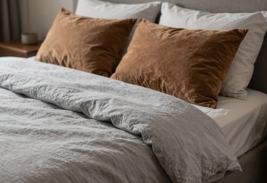 A masterfully staged bedroom with layered textures, light gray bedding, and warm brown accents, illustrating a peaceful and timeless design approach.
