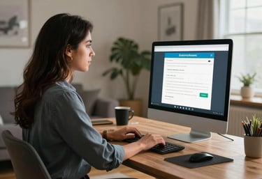 A wide shot of a contemporary home office where a North American / US Hispanic professional is working on a computer, conveying the convenience and accessibility of virtual accounting services.