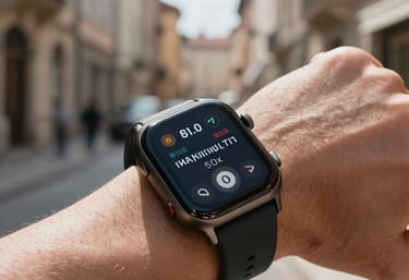 A close-up of a high-tech smart watch on a person's wrist in a sunny European outdoor setting, showing a notification about a financial transaction.