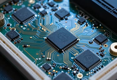 A detailed view of a modern television motherboard, showing intricate gold-plated circuits and microchips. Cool blue light illuminating the components.