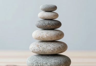 Minimalist photography of smooth stones stacked in balance on a light wood surface. The background is a soft-focus interior with pale blue and white colors, evoking serenity and professional stability.
