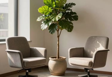 A peaceful professional office interior in a Latin American style, with two comfortable modern chairs facing each other, a green plant in a ceramic pot, and soft warm sunlight.