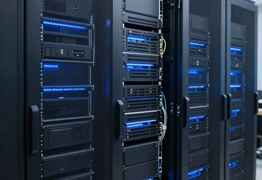 A clean and organized server rack room in a modern South American tech facility, professional blue lighting and cable management.