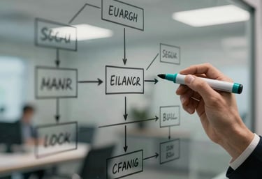 Close-up of a hand drawing a complex flowchart on a glass whiteboard with a teal marker. Sharp focus, professional tech environment.