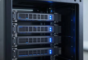 A sleek, dark photography showing the internal components of a server rack glowing with soft blue lights, symbolizing power and reliability.